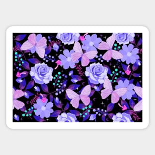 Purple Flora and Fauna Butterflies and Flowers on Black Sticker